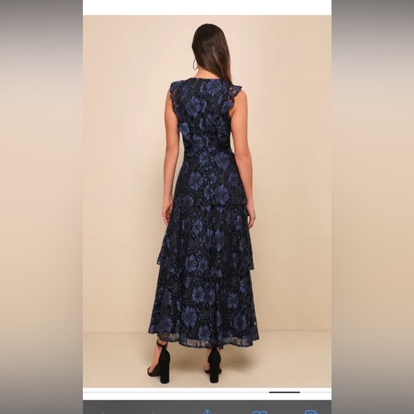 Molinetto Navy Blue Lace Ruffled Tiered Sleeveless Maxi Dress size small - Picture 7 of 7